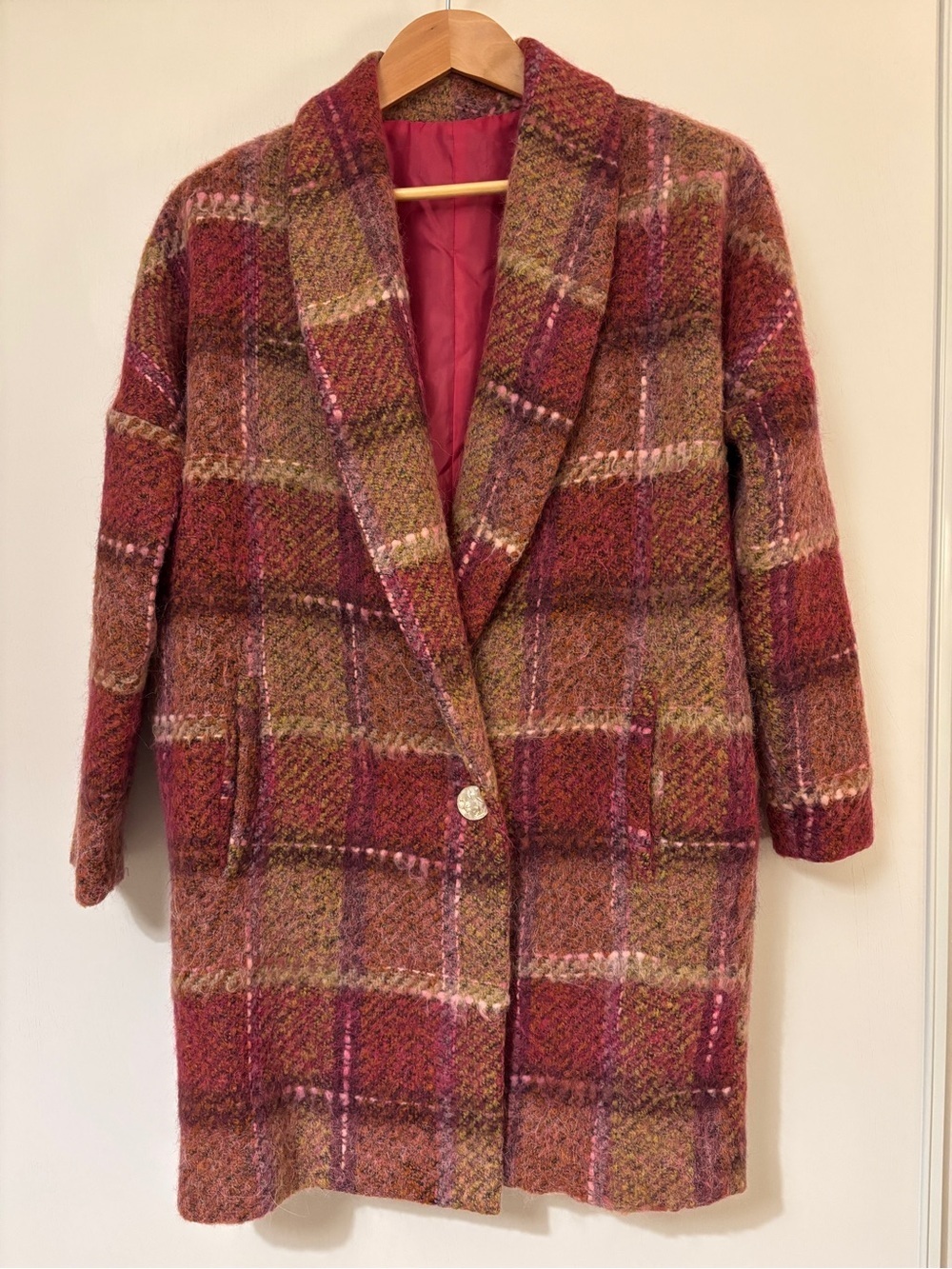 Cottagecore Chepe Long Winter Coat Size Large Plaid Shawl Collar Wool Timeless